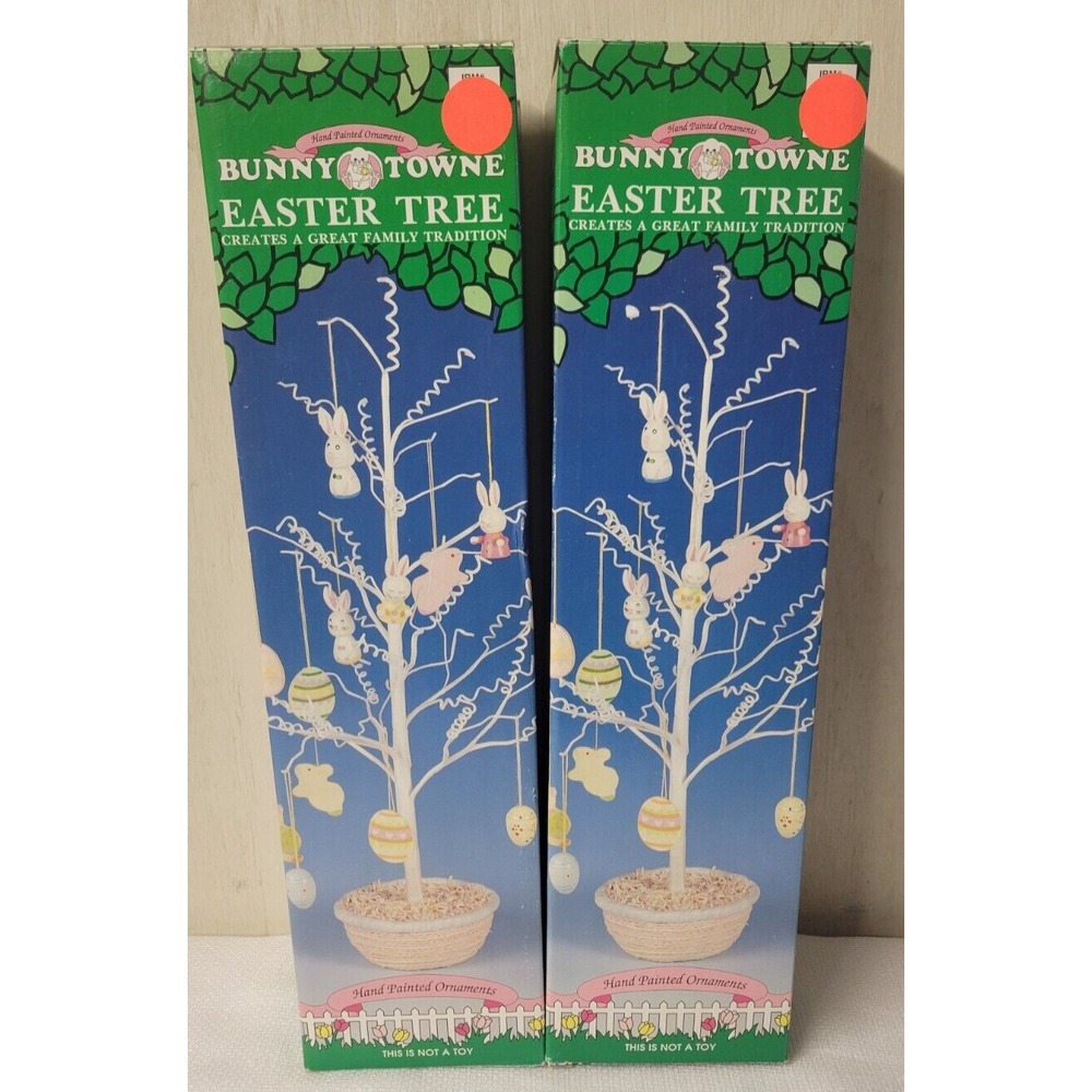 Vtg (2) Easter Egg 16" Trees w/ hand painted ornaments, Eggs, Bunny Rabbits